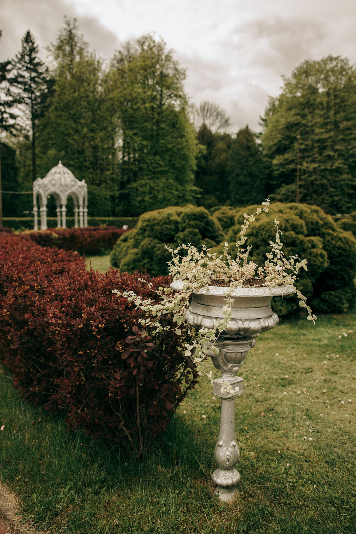 A picture of a garden. The far background are trees. Then there is a white gazebo. Some bushes. A white flower pot on a pedestal in the foreground.